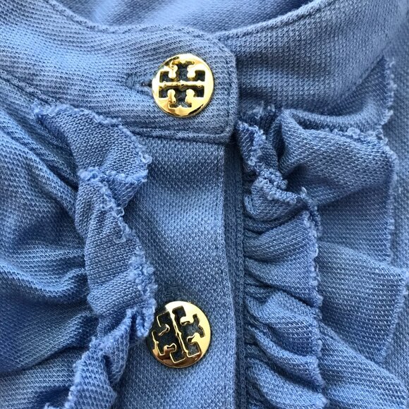 Tory Burch Lidia Ruffle Polo Shirt Women S Blue 1/4 Button Up Short Sleeve 18060 - Picture 10 of 13